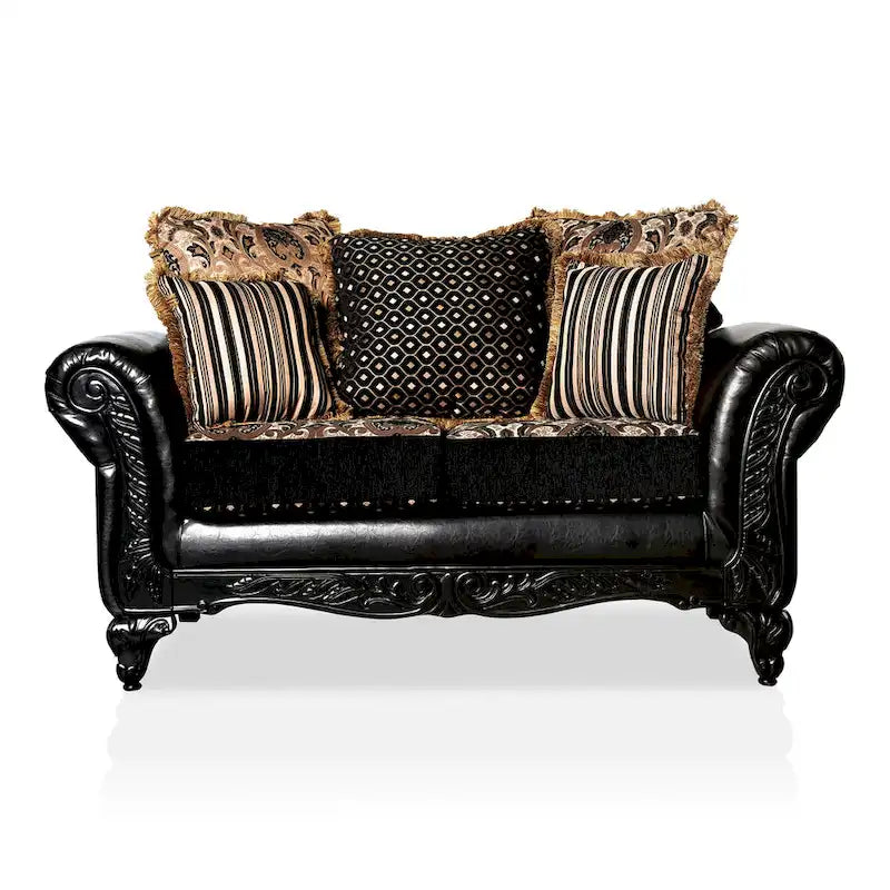 Traditional Black Faux Leather Upholstered Loveseat
