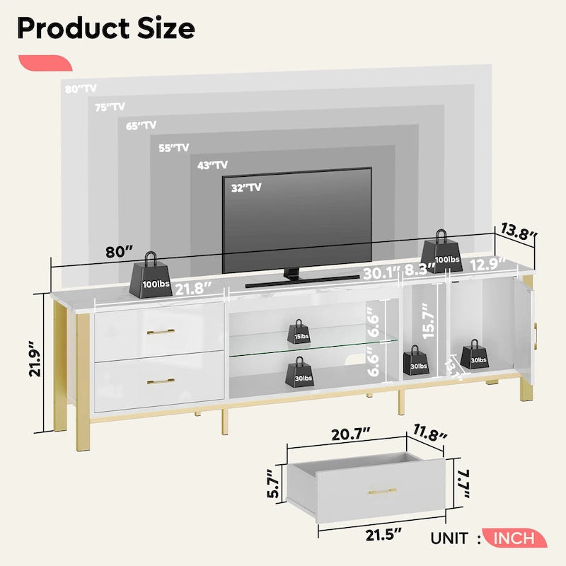 80 Inch LED TV Stand with 2 Drawers for TVs up to 85 Inch