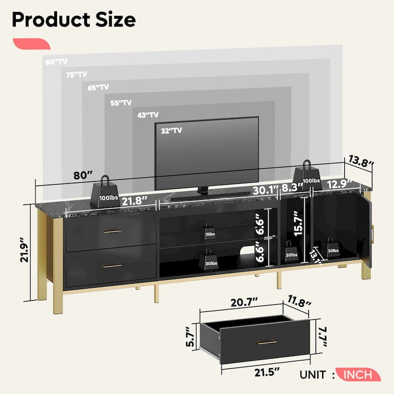 80 Inch LED TV Stand with 2 Drawers for TVs up to 85 Inch