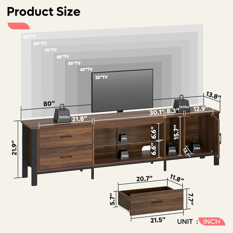 80 Inch LED TV Stand with 2 Drawers for TVs up to 85 Inch