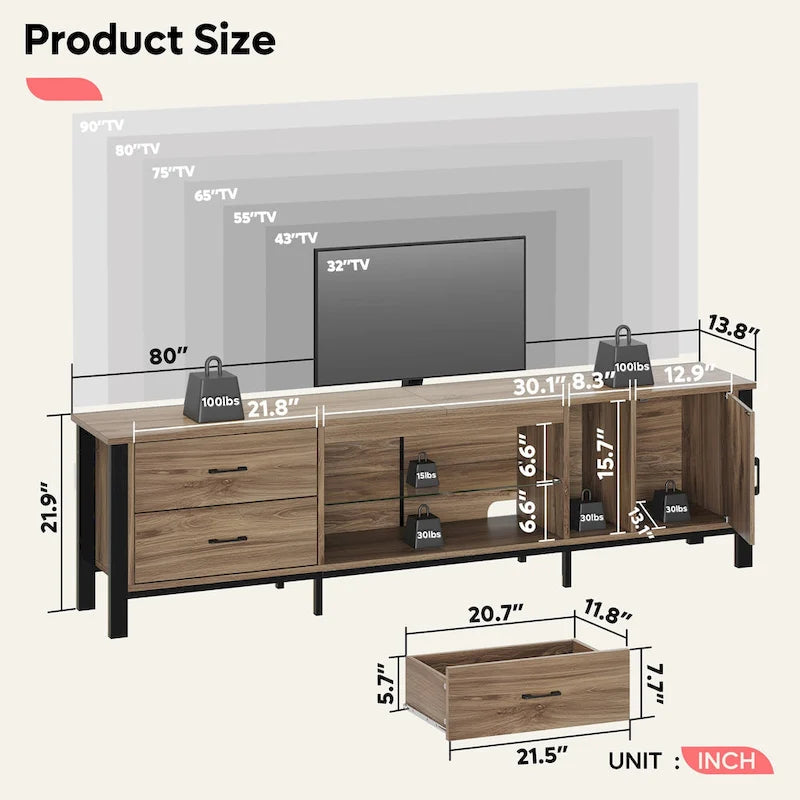80 Inch LED TV Stand with 2 Drawers for TVs up to 85 Inch