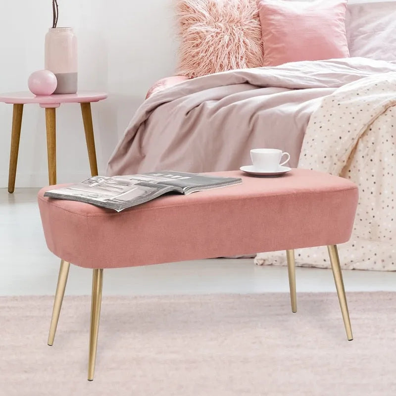 Velvet Bench Footrest with Metal Legs for Bedroom or Entryway