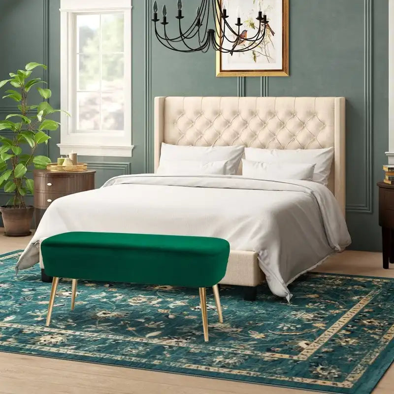 Velvet Bench Footrest with Metal Legs for Bedroom or Entryway