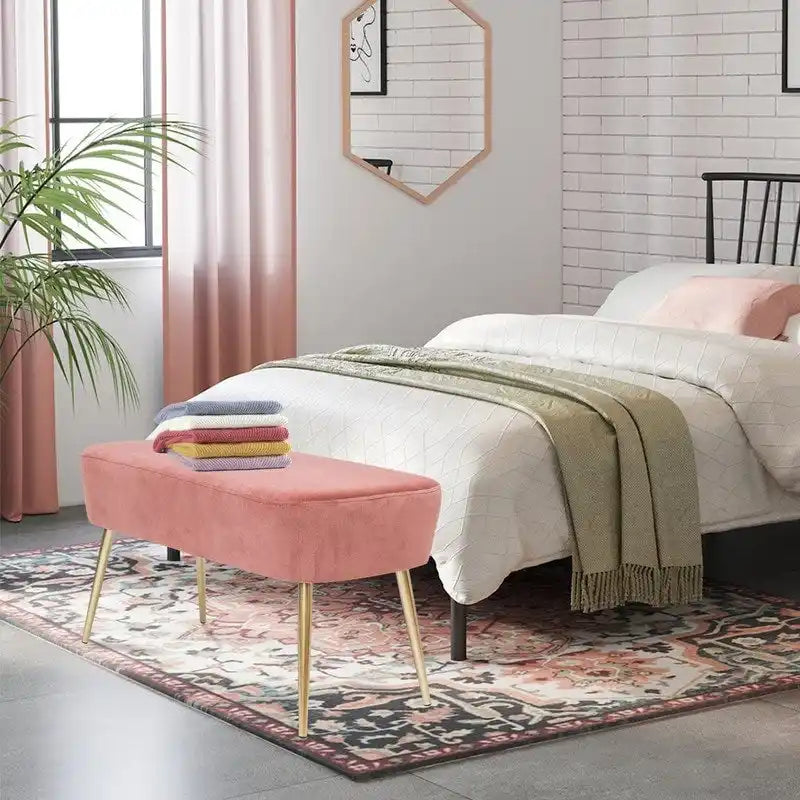 Velvet Bench Footrest with Metal Legs for Bedroom or Entryway