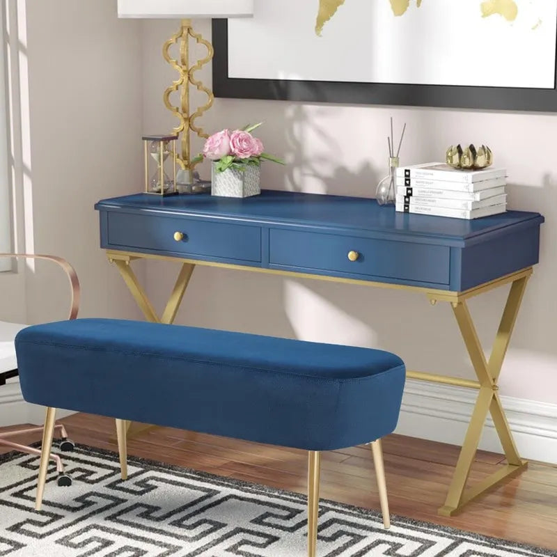 Velvet Bench Footrest with Metal Legs for Bedroom or Entryway