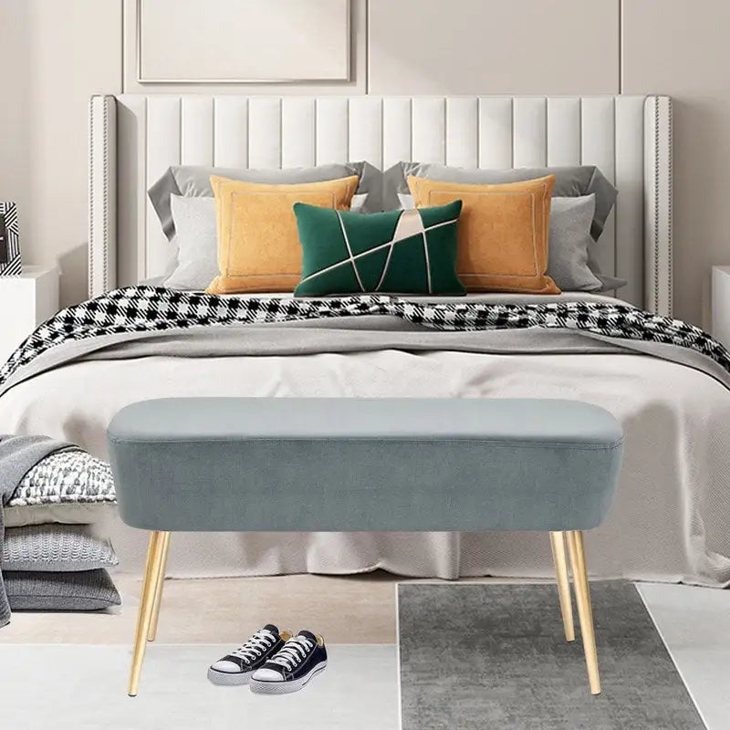 Velvet Bench Footrest with Metal Legs for Bedroom or Entryway