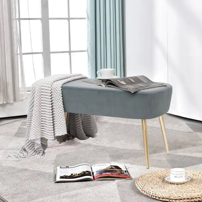 Velvet Bench Footrest with Metal Legs for Bedroom or Entryway