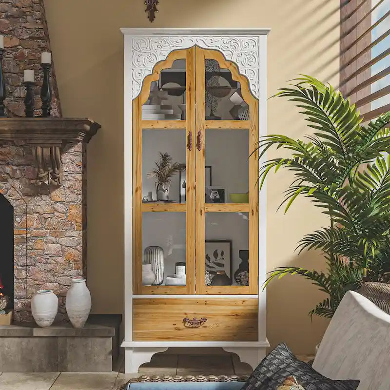 Oak Finish Tall Display Cabinet with Drawer - 70.9H x 31.5W