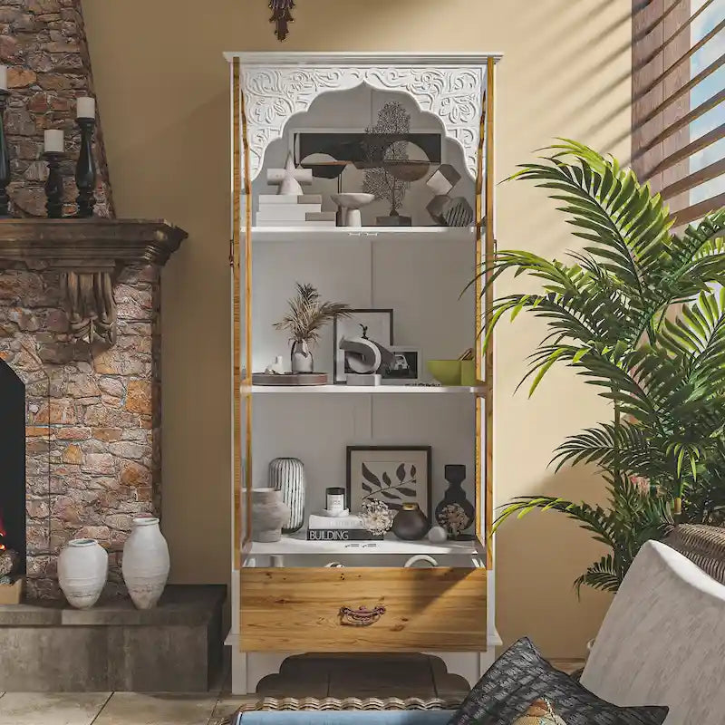 Oak Finish Tall Display Cabinet with Drawer - 70.9H x 31.5W