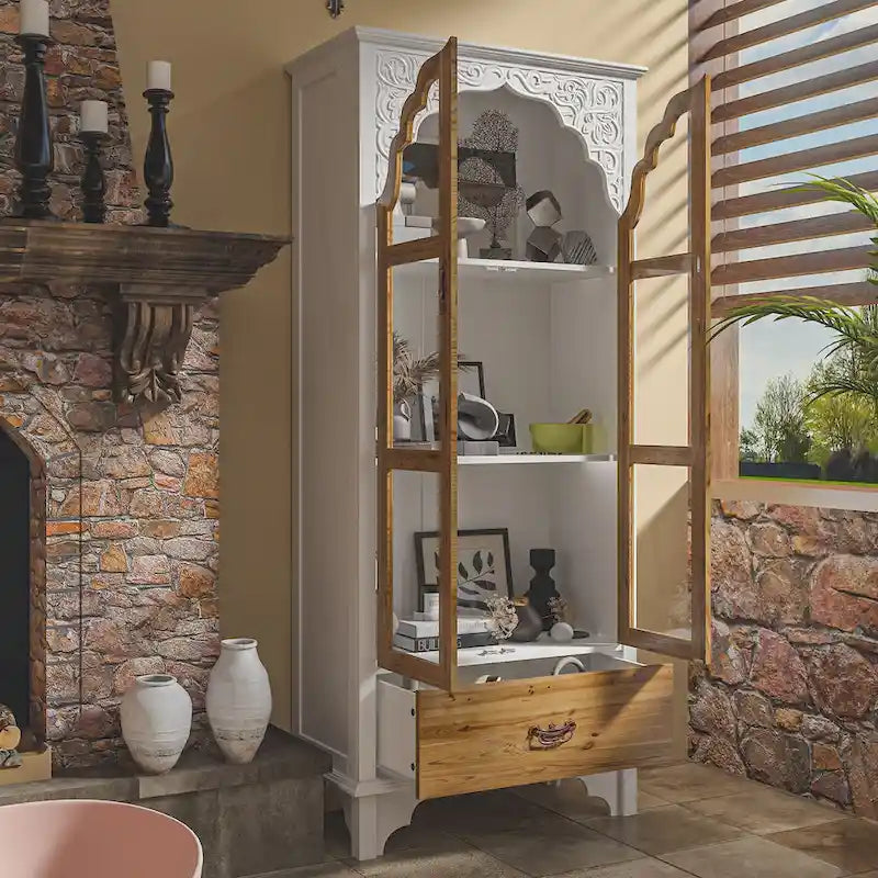 Oak Finish Tall Display Cabinet with Drawer - 70.9H x 31.5W