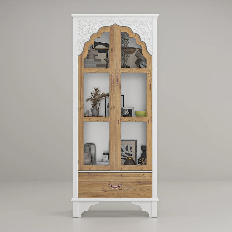 Oak Finish Tall Display Cabinet with Drawer - 70.9H x 31.5W
