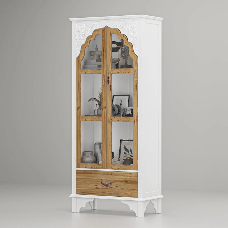 Oak Finish Tall Display Cabinet with Drawer - 70.9H x 31.5W