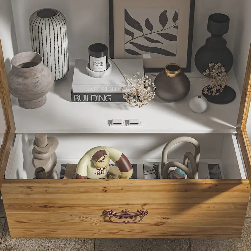 Oak Finish Tall Display Cabinet with Drawer - 70.9H x 31.5W