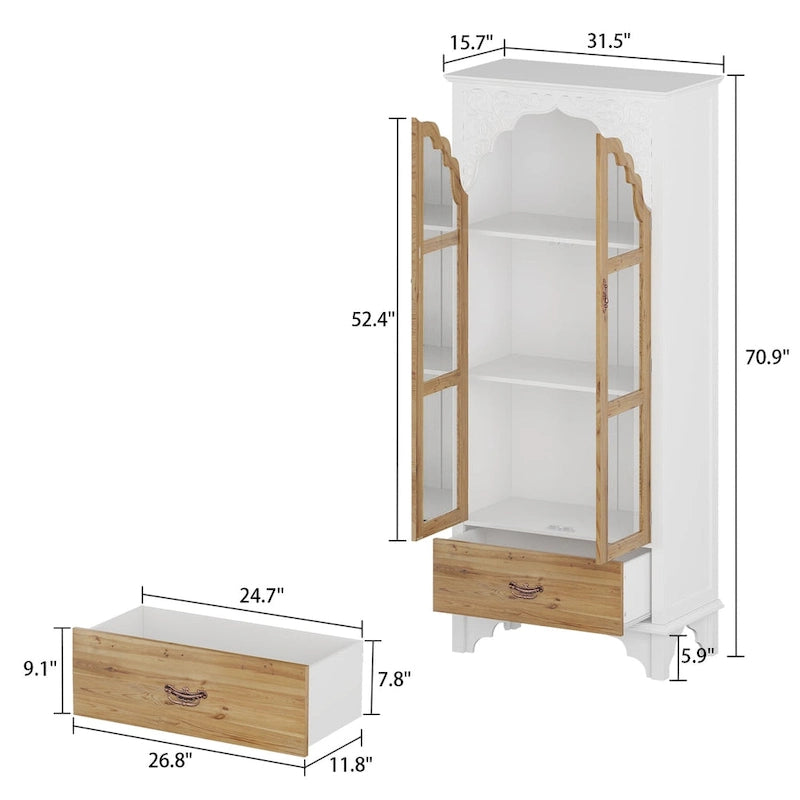 Oak Finish Tall Display Cabinet with Drawer - 70.9H x 31.5W