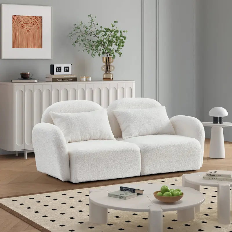 Lazy Sofa Loveseat in White Teddy Fabric for Living Room
