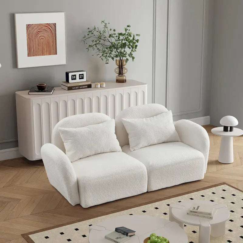 Lazy Sofa Loveseat in White Teddy Fabric for Living Room