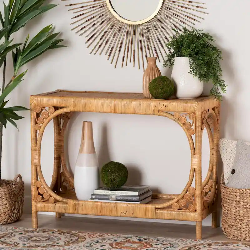 Modern Bohemian Light Honey Rattan Console Table
