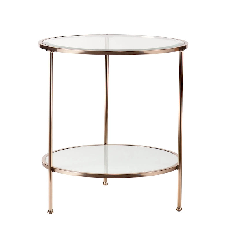 26 Inch Gold Glass and Iron Round End Table with Shelf
