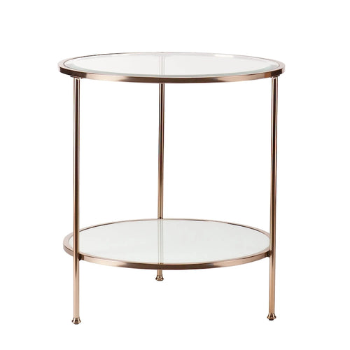 26 Inch Gold Glass and Iron Round End Table with Shelf