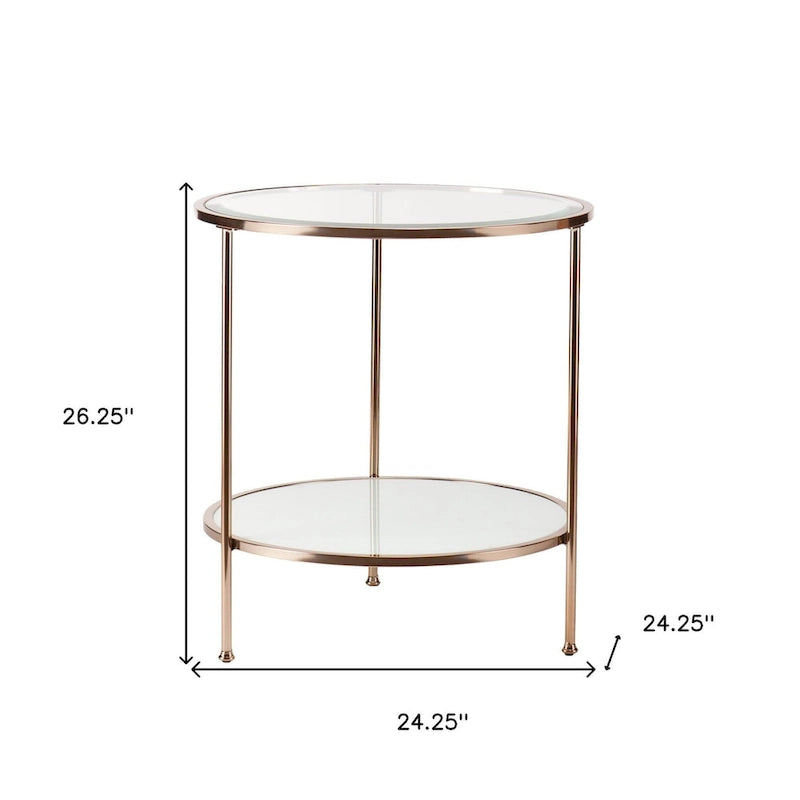 26 Inch Gold Glass and Iron Round End Table with Shelf