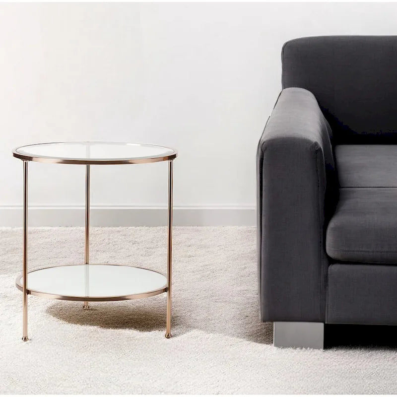 26 Inch Gold Glass and Iron Round End Table with Shelf