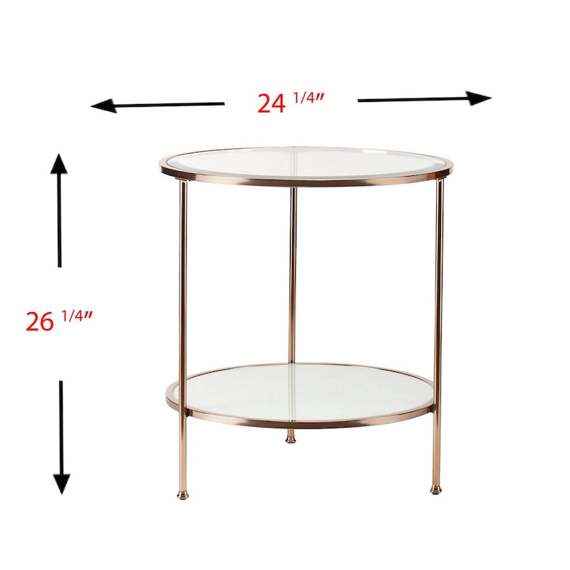 26 Inch Gold Glass and Iron Round End Table with Shelf
