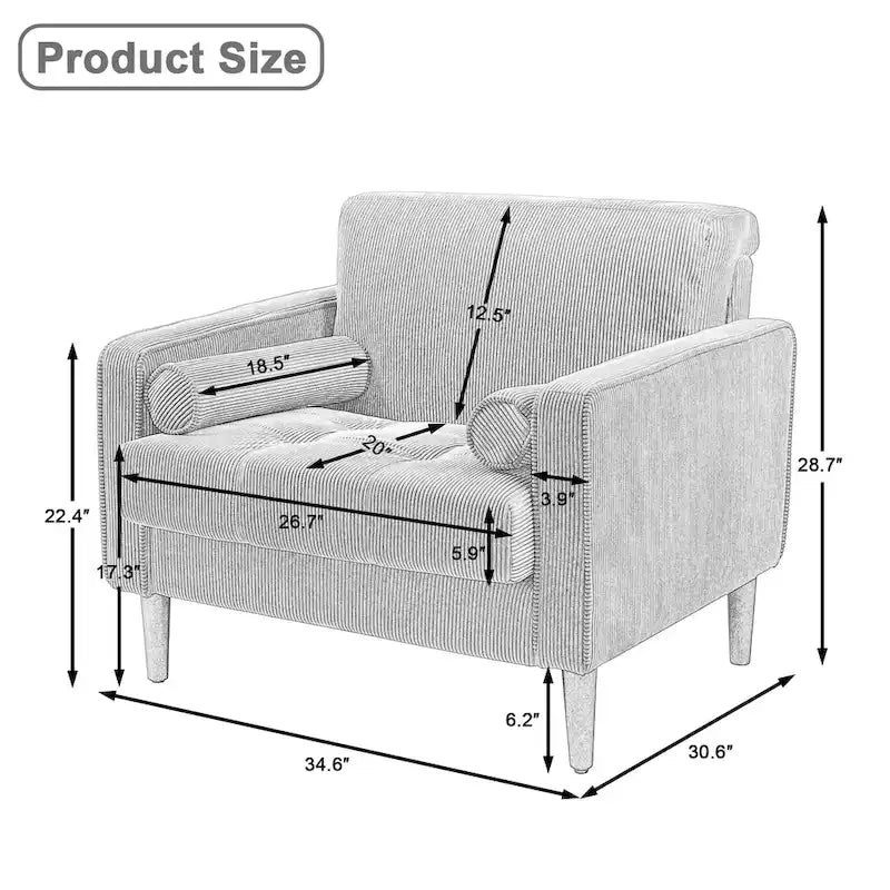 Set of 2 Wide Corduroy Armchair Accent Chairs for Living Room