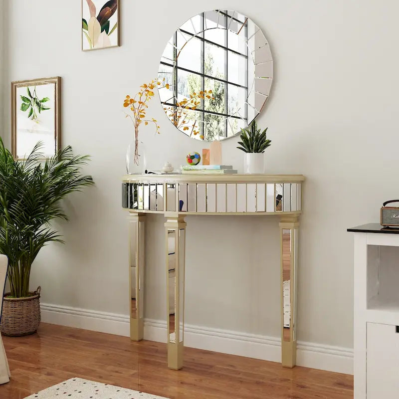 Silver Mirrored Half Moon Console Table - 35.4x31.6 inch