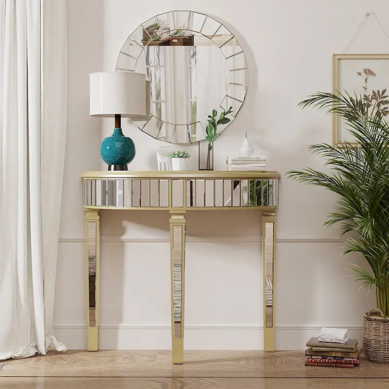 Silver Mirrored Half Moon Console Table - 35.4x31.6 inch