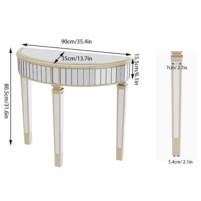 Silver Mirrored Half Moon Console Table - 35.4x31.6 inch