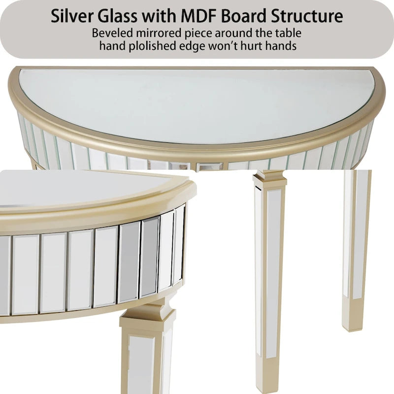 Silver Mirrored Half Moon Console Table - 35.4x31.6 inch