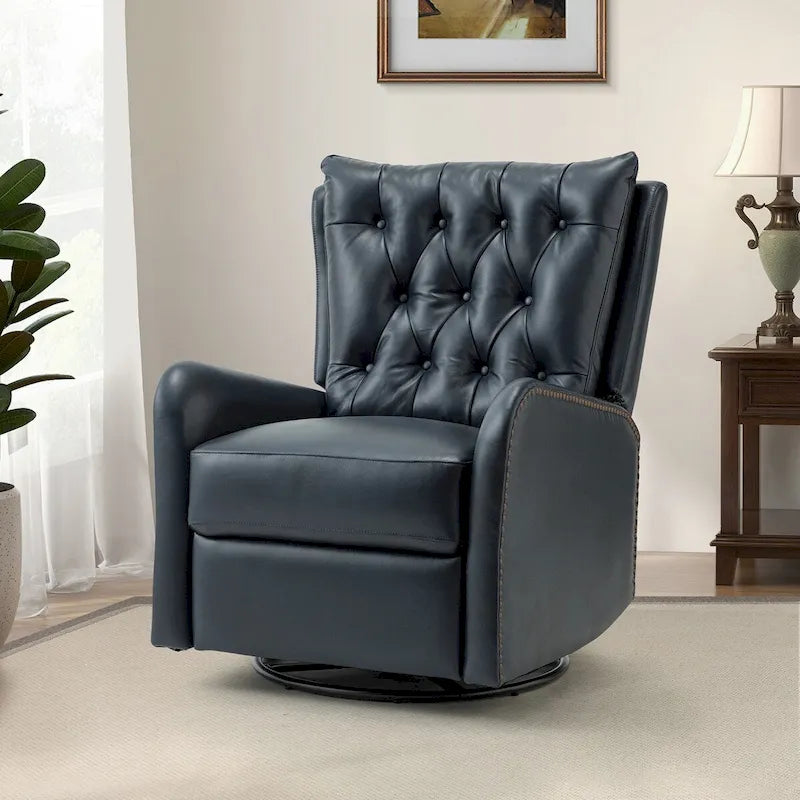 Mid-Century Genuine Leather Recliner with Metal Base