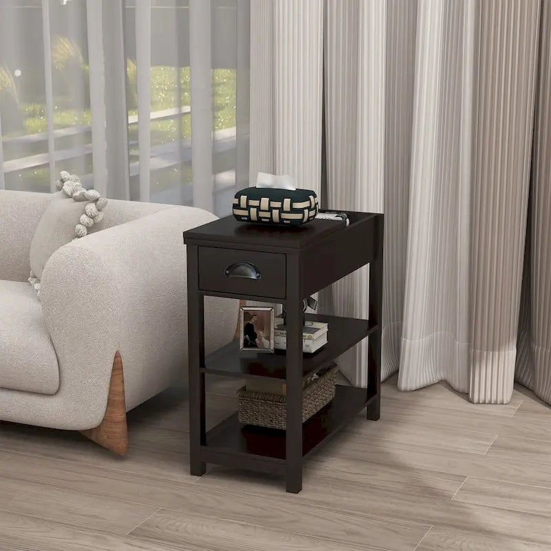 Narrow Side Table with Drawers and Flip-Over Bottom Partition
