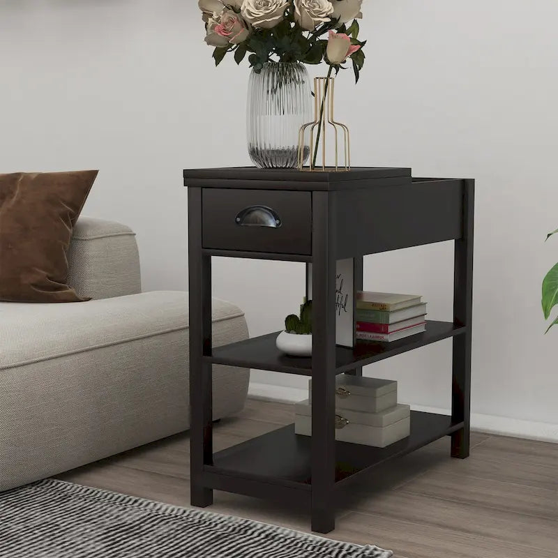 Narrow Side Table with Drawers and Flip-Over Bottom Partition