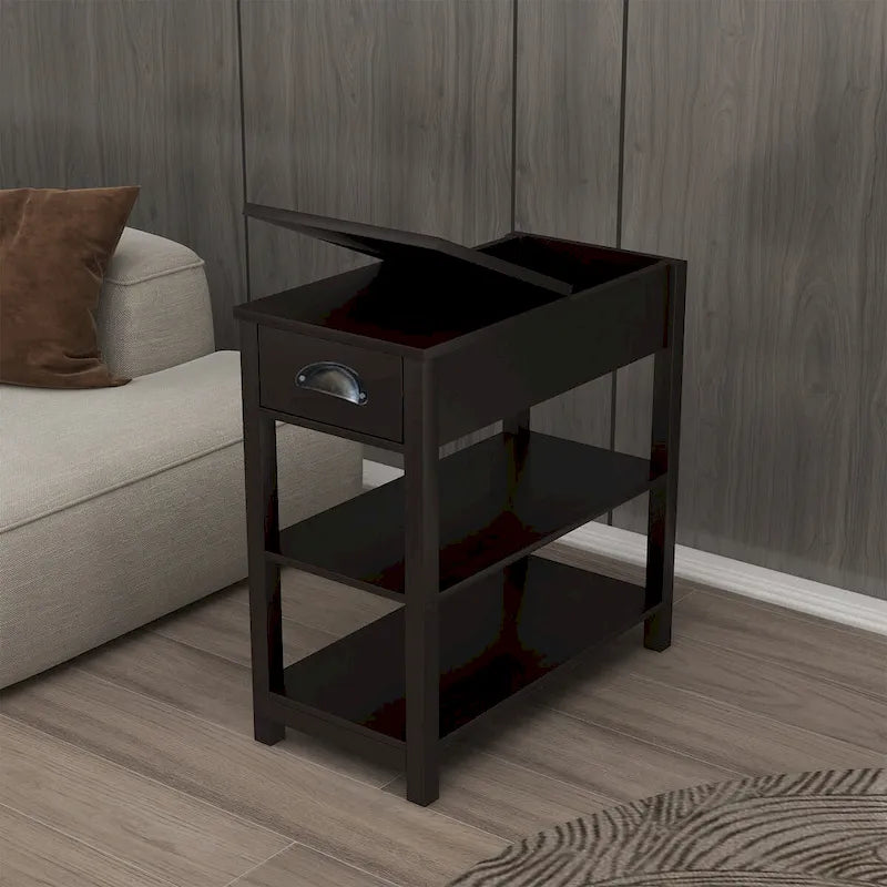 Narrow Side Table with Drawers and Flip-Over Bottom Partition