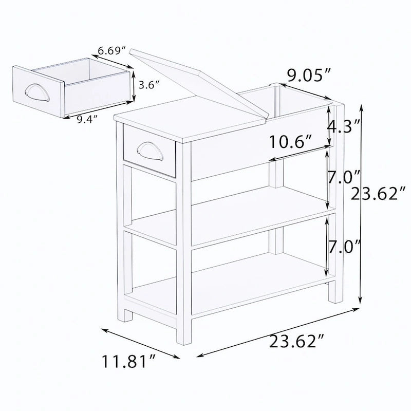 Narrow Side Table with Drawers and Flip-Over Bottom Partition