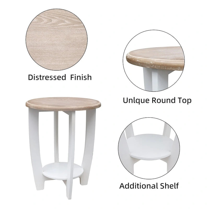 2-Tier Round Wooden Side Table White and Brown