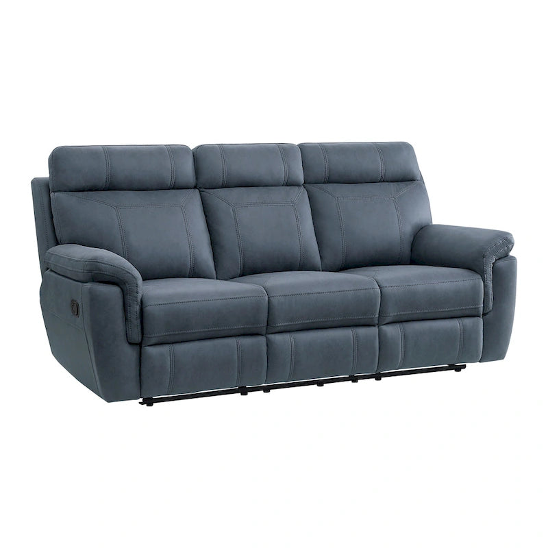 85 Inch Manual Reclining Sofa Blue Microfiber with Solid Wood and Metal