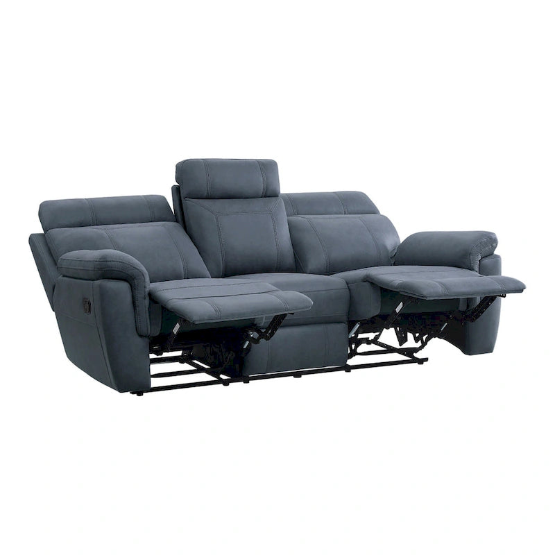 85 Inch Manual Reclining Sofa Blue Microfiber with Solid Wood and Metal