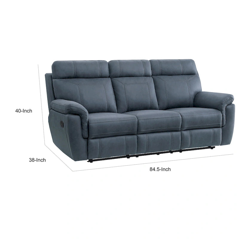85 Inch Manual Reclining Sofa Blue Microfiber with Solid Wood and Metal