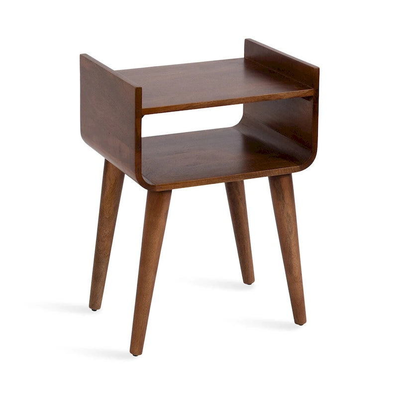 Mid-Century Modern Solid Wood Side Table with Open Shelf, Walnut Brown - 18x14x27