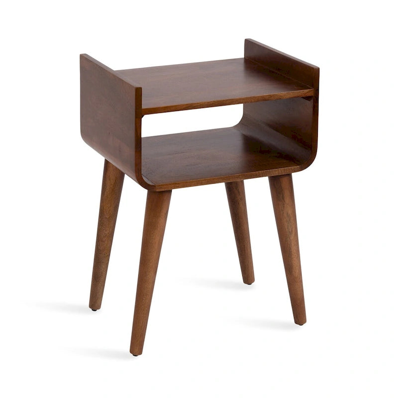 Mid-Century Modern Solid Wood Side Table with Open Shelf, Walnut Brown - 18x14x27