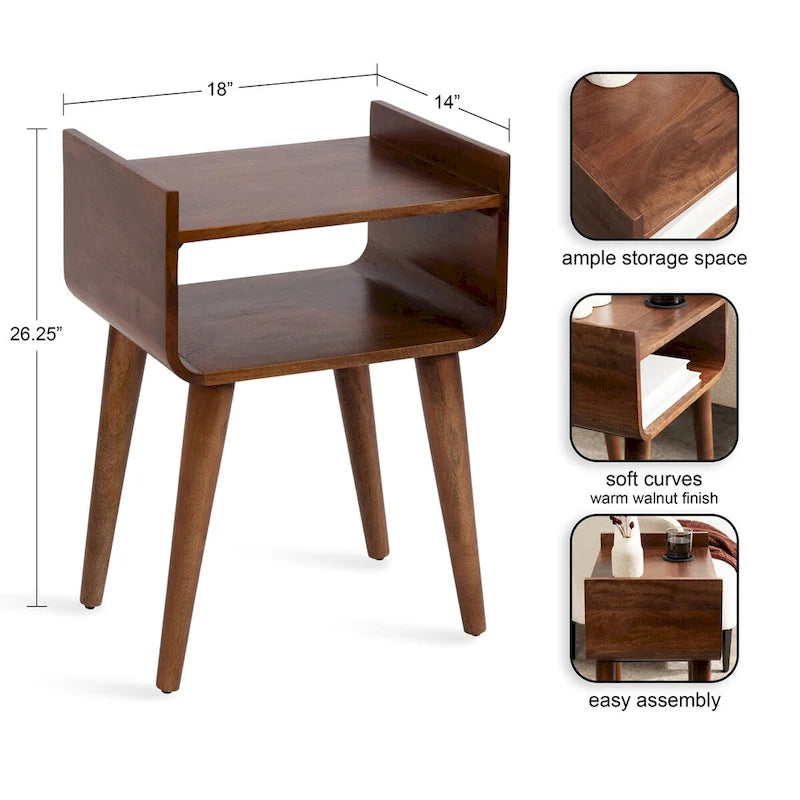 Mid-Century Modern Solid Wood Side Table with Open Shelf, Walnut Brown - 18x14x27