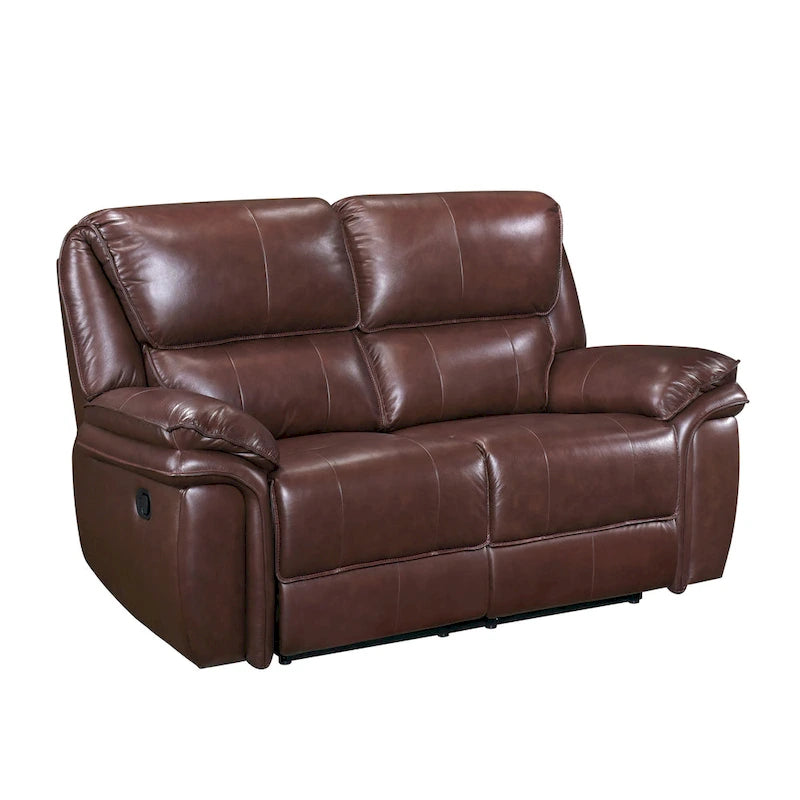 66 Inch Manual Reclining Loveseat Brown Top Grain Leather and Wood