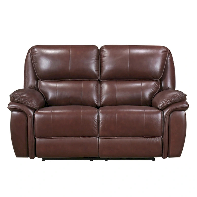 66 Inch Manual Reclining Loveseat Brown Top Grain Leather and Wood
