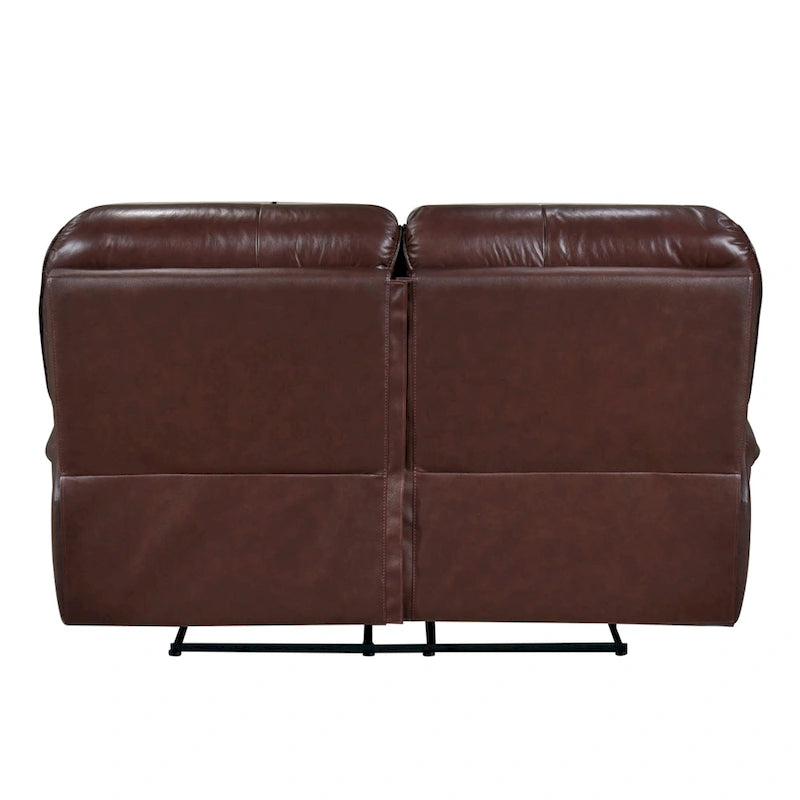 66 Inch Manual Reclining Loveseat Brown Top Grain Leather and Wood