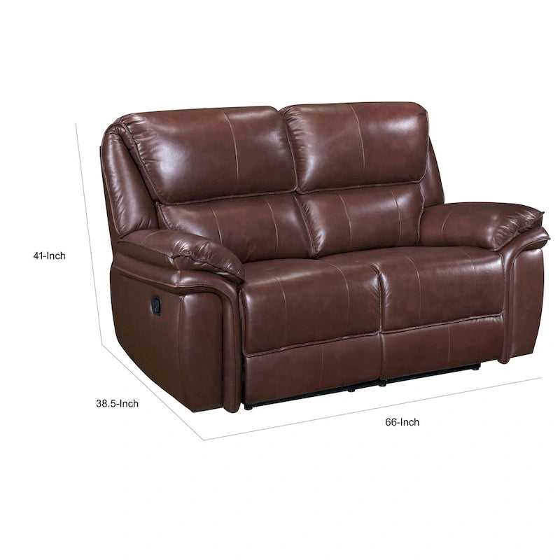 66 Inch Manual Reclining Loveseat Brown Top Grain Leather and Wood