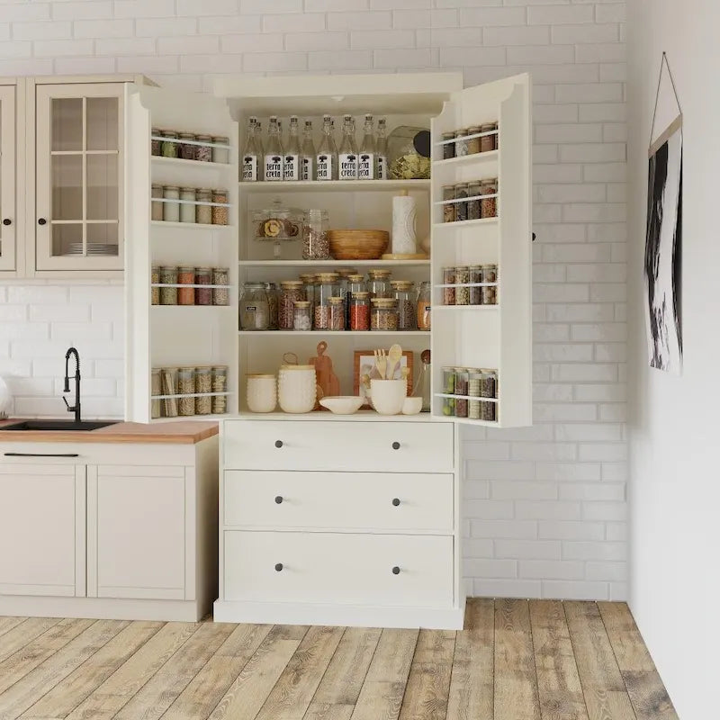 77 Inch Farmhouse Kitchen Pantry Freestanding Tall Storage Cabinet