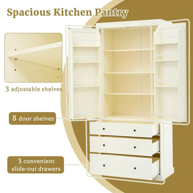 77 Inch Farmhouse Kitchen Pantry Freestanding Tall Storage Cabinet