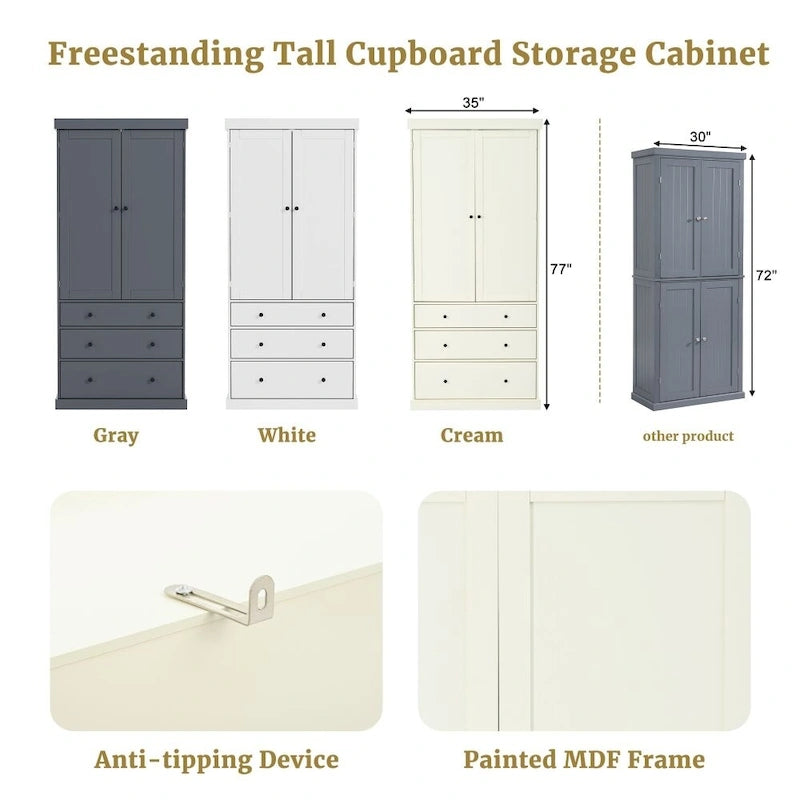 77 Inch Farmhouse Kitchen Pantry Freestanding Tall Storage Cabinet